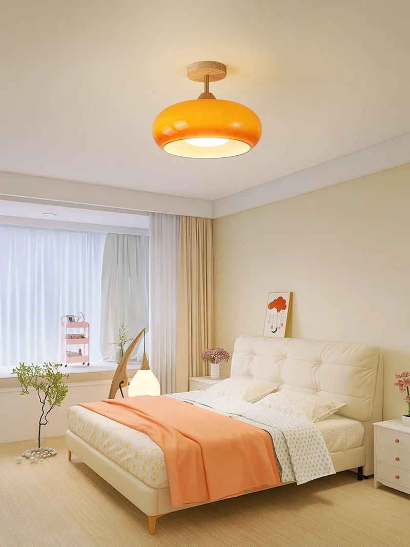 Plafondlamp Glas Hout Wit Oranje Ø28cm Slaapkamer Eetkamer Bauhaus Vintage Plafonnière Mid-Century Retro Sfeerverlichting | Sansoti
