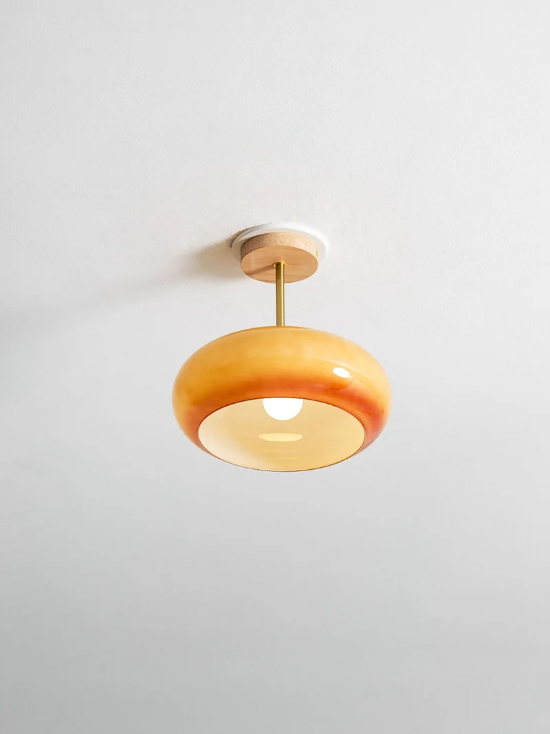 Plafondlamp Glas Hout Wit Oranje Ø28cm Slaapkamer Eetkamer Bauhaus Vintage Plafonnière Mid-Century Retro Sfeerverlichting | Sansoti
