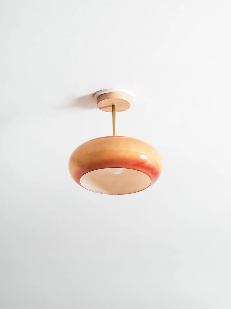 Plafondlamp Glas Hout Wit Oranje Ø28cm Slaapkamer Eetkamer Bauhaus Vintage Plafonnière Mid-Century Retro Sfeerverlichting | Sansoti
