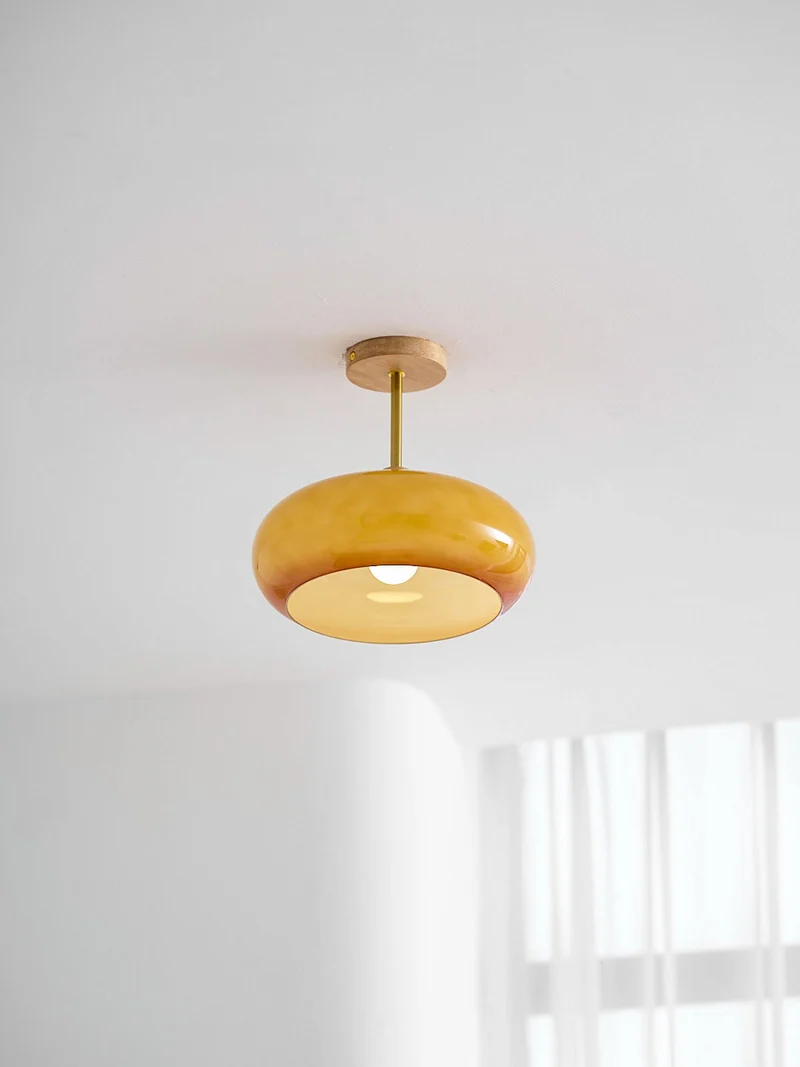 Plafondlamp Glas Hout Wit Oranje Ø28cm Slaapkamer Eetkamer Bauhaus Vintage Plafonnière Mid-Century Retro Sfeerverlichting | Sansoti