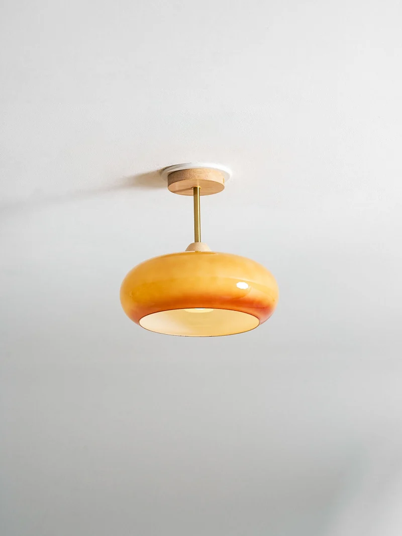 Plafondlamp Glas Hout Wit Oranje Ø28cm Slaapkamer Eetkamer Bauhaus Vintage Plafonnière Mid-Century Retro Sfeerverlichting | Sansoti