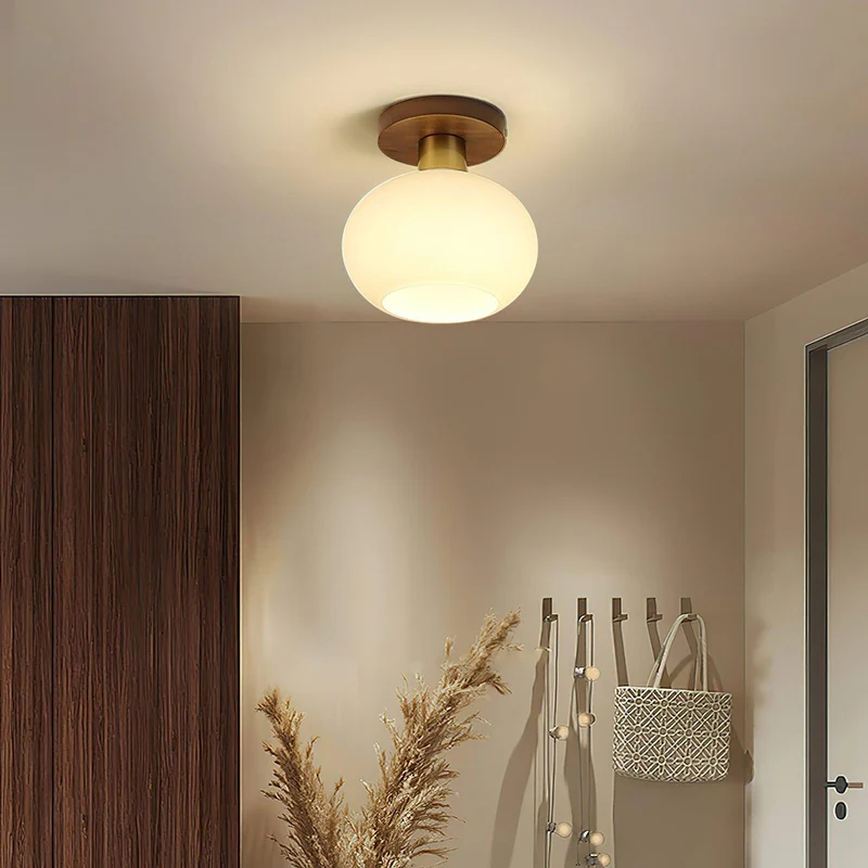 Plafondlamp Walnoot Koper Glas Wit Ø18cm Woonkamer Slaapkamer Gang Opaalbol Plafonnière Retro Sfeerverlichting | Sansoti