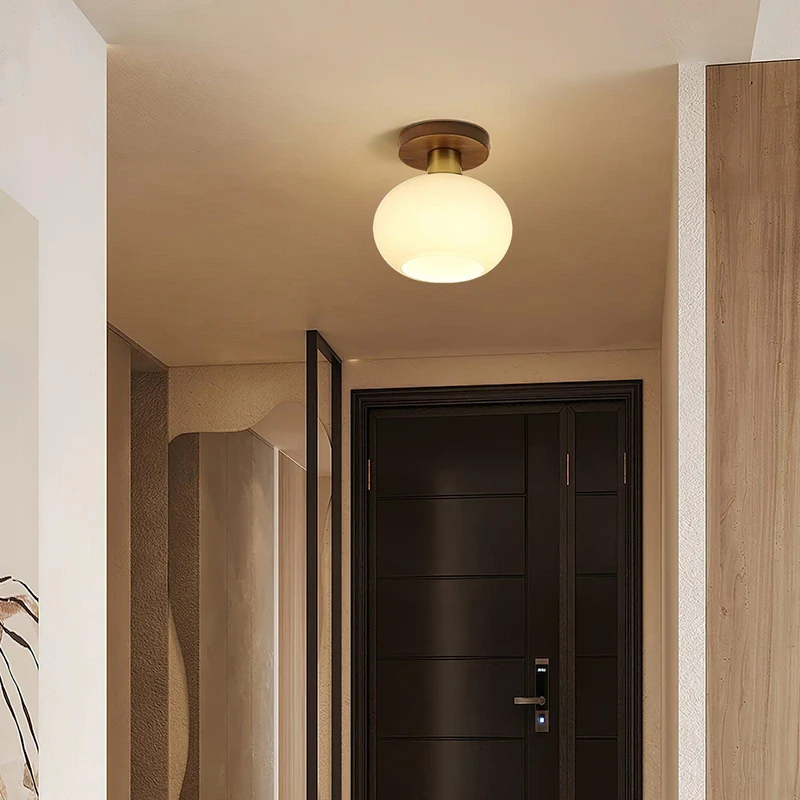 Plafondlamp Walnoot Koper Glas Wit Ø18cm Woonkamer Slaapkamer Gang Opaalbol Plafonnière Retro Sfeerverlichting | Sansoti