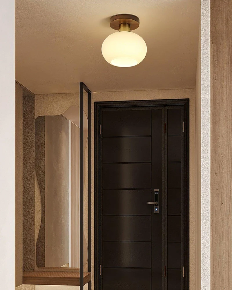 Plafondlamp Walnoot Koper Glas Wit Ø18cm Woonkamer Slaapkamer Gang Opaalbol Plafonnière Retro Sfeerverlichting | Sansoti
