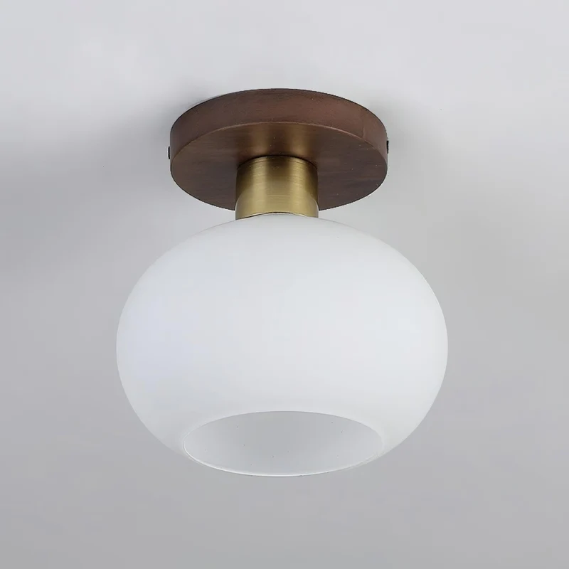 Plafondlamp Walnoot Koper Glas Wit Ø18cm Woonkamer Slaapkamer Gang Opaalbol Plafonnière Retro Sfeerverlichting | Sansoti