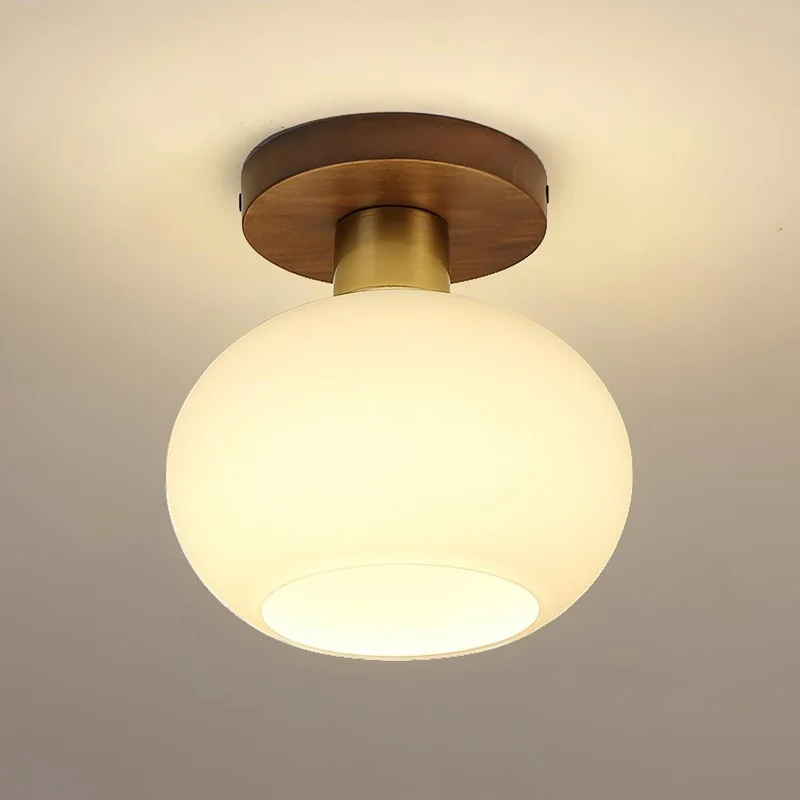 Plafondlamp Walnoot Koper Glas Wit Ø18cm Woonkamer Slaapkamer Gang Opaalbol Plafonnière Retro Sfeerverlichting | Sansoti