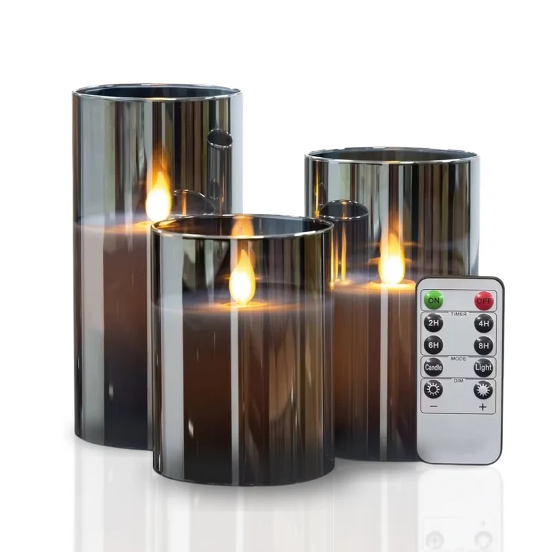 LED kaarsen met afstandsbediening glas zwart sfeer verlichting set timer modern interieur woonkamer slaapkamer decoratie realistisch vlam effect | Sansoti