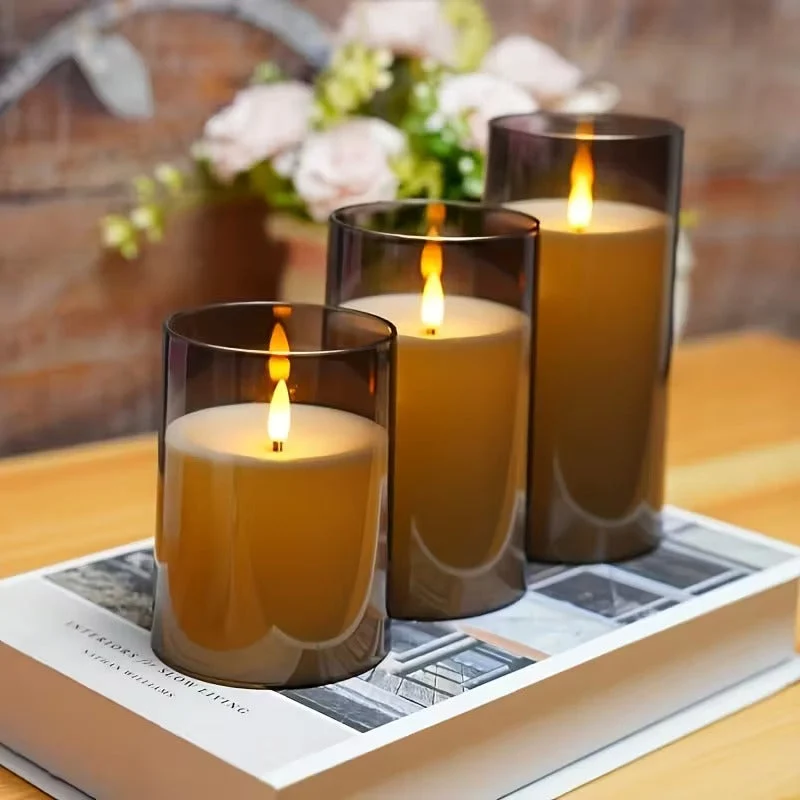 LED kaarsen met afstandsbediening glas zwart sfeer verlichting set timer modern interieur woonkamer slaapkamer decoratie realistisch vlam effect | Sansoti