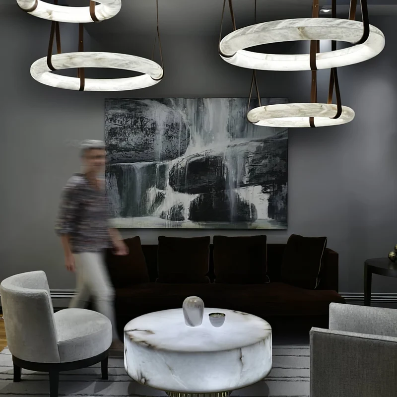 Hanglamp Alabaster Ring LED Donkerbruin Bruin Goud Woonkamer Eetkamer 3000K 4000K 6000K Ø30 Ø120cm Natuursteen Pendellamp | Sansoti
