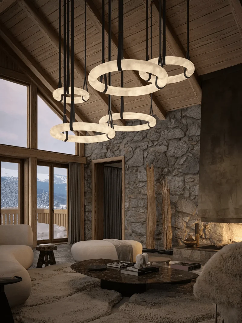 Hanglamp Alabaster Ring LED Donkerbruin Bruin Goud Woonkamer Eetkamer 3000K 4000K 6000K Ø30 Ø120cm Natuursteen Pendellamp | Sansoti