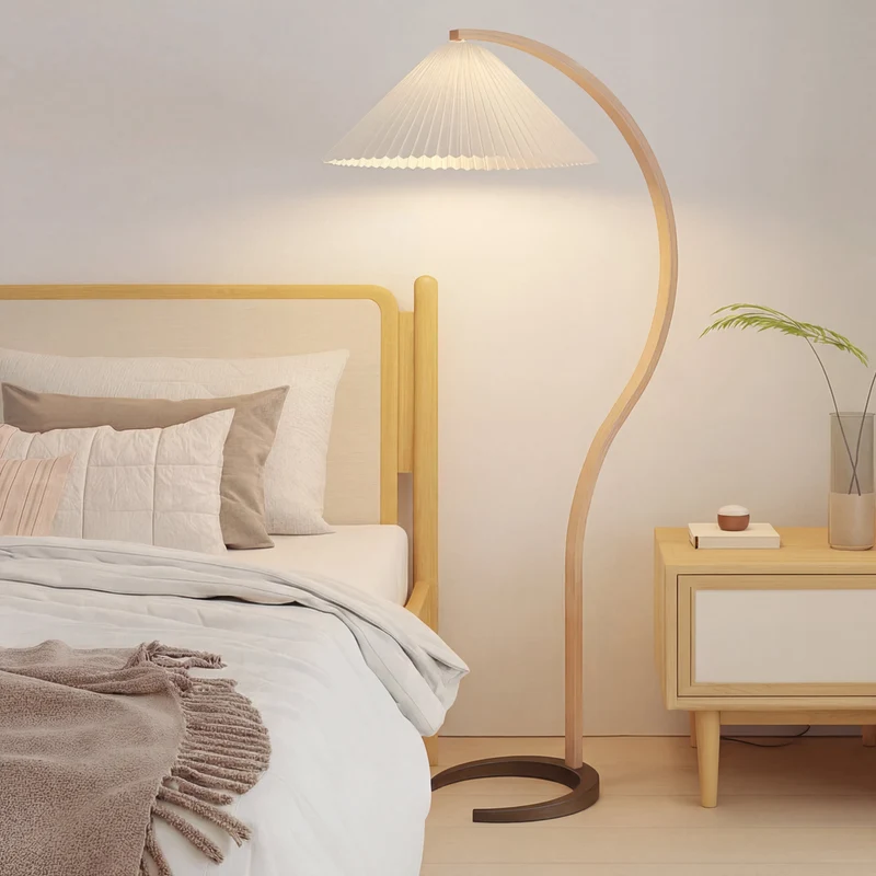 Caprani vloerlamp beukenhout linnen Ø75xH59 inch woonkamer verlichting Scandinavisch design booglamp leeslamp | Sansoti