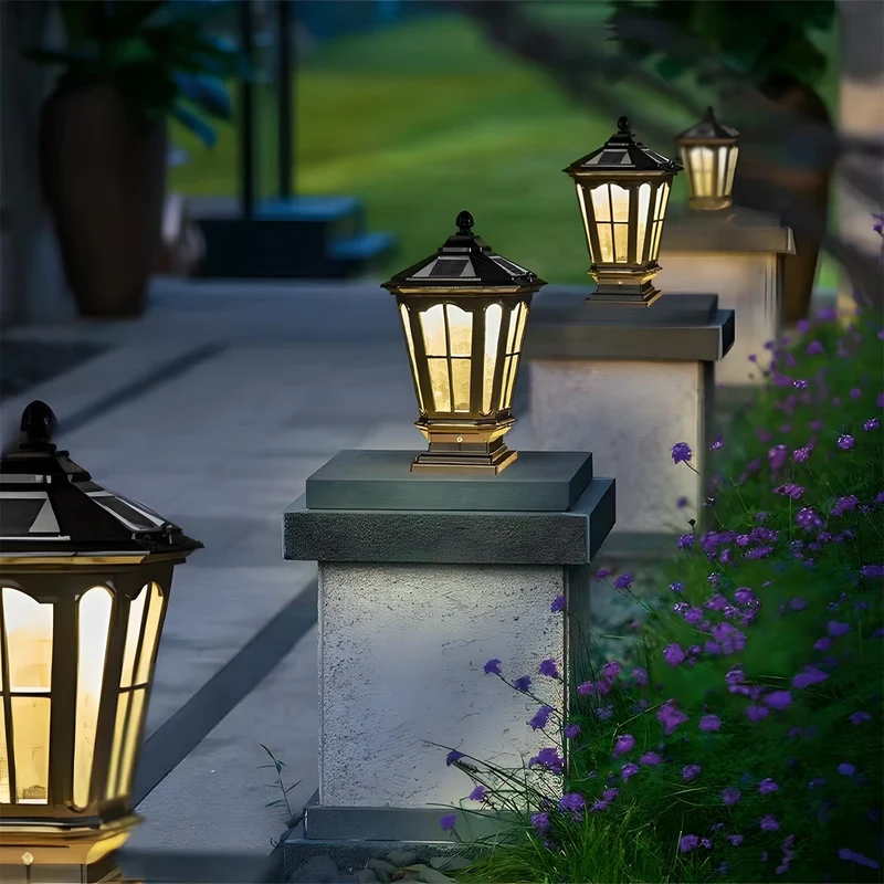 Zonnelamp Paal Buitenlamp Zwart Aluminium Tuin Oprit Sokkel Lantaarn Vintage Solar Tuinverlichting Hekpaal Lamp Buitenverlichting | Sansoti