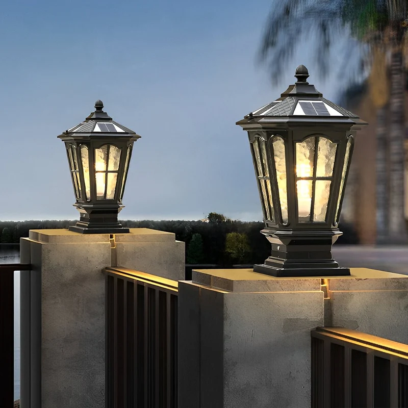 Zonnelamp Paal Buitenlamp Zwart Aluminium Tuin Oprit Sokkel Lantaarn Vintage Solar Tuinverlichting Hekpaal Lamp Buitenverlichting | Sansoti