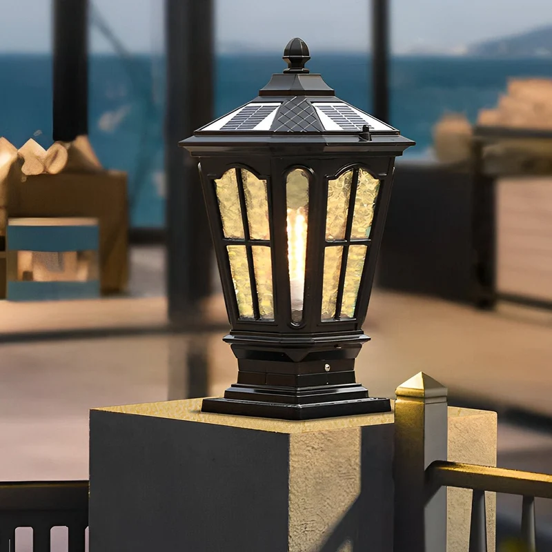 Zonnelamp Paal Buitenlamp Zwart Aluminium Tuin Oprit Sokkel Lantaarn Vintage Solar Tuinverlichting Hekpaal Lamp Buitenverlichting | Sansoti
