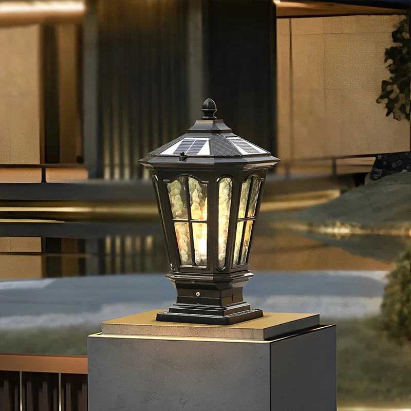 Zonnelamp Paal Buitenlamp Zwart Aluminium Tuin Oprit Sokkel Lantaarn Vintage Solar Tuinverlichting Hekpaal Lamp Buitenverlichting | Sansoti