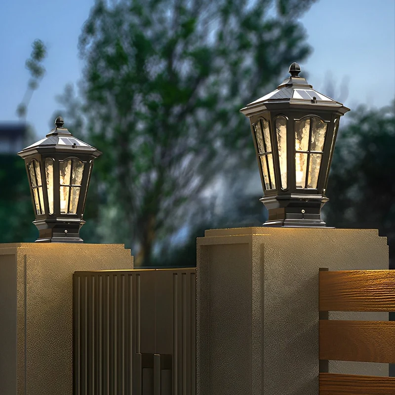 Zonnelamp Paal Buitenlamp Zwart Aluminium Tuin Oprit Sokkel Lantaarn Vintage Solar Tuinverlichting Hekpaal Lamp Buitenverlichting | Sansoti