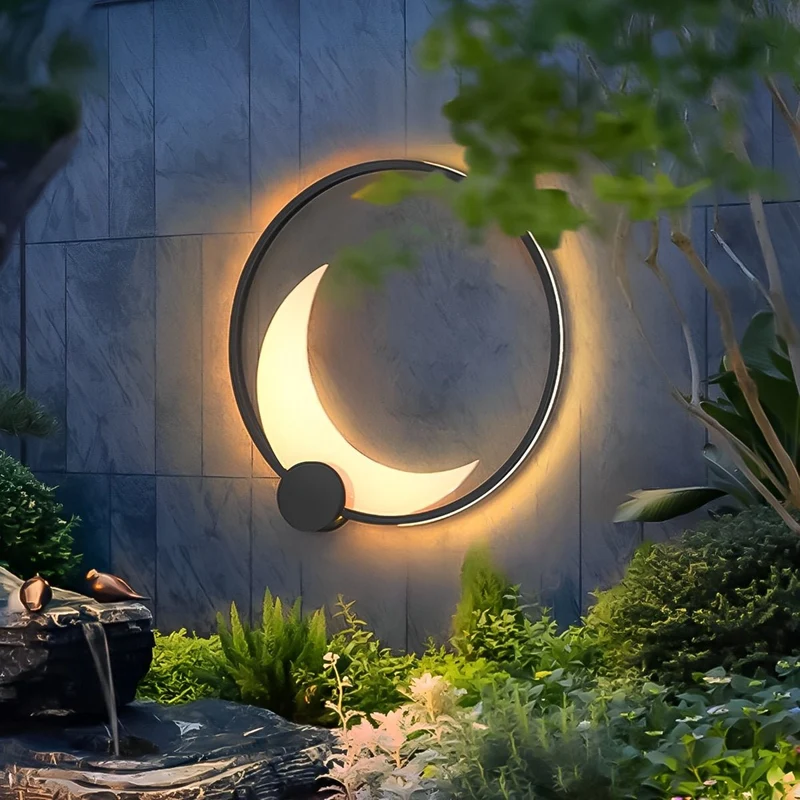Wandlamp Maanvorm LED Buiten Zwart RVS IP65 Tuin Veranda Maanlamp Sfeerverlichting Crescent Moon Solar Buitenwandlamp Rond Decoratief | Sansoti