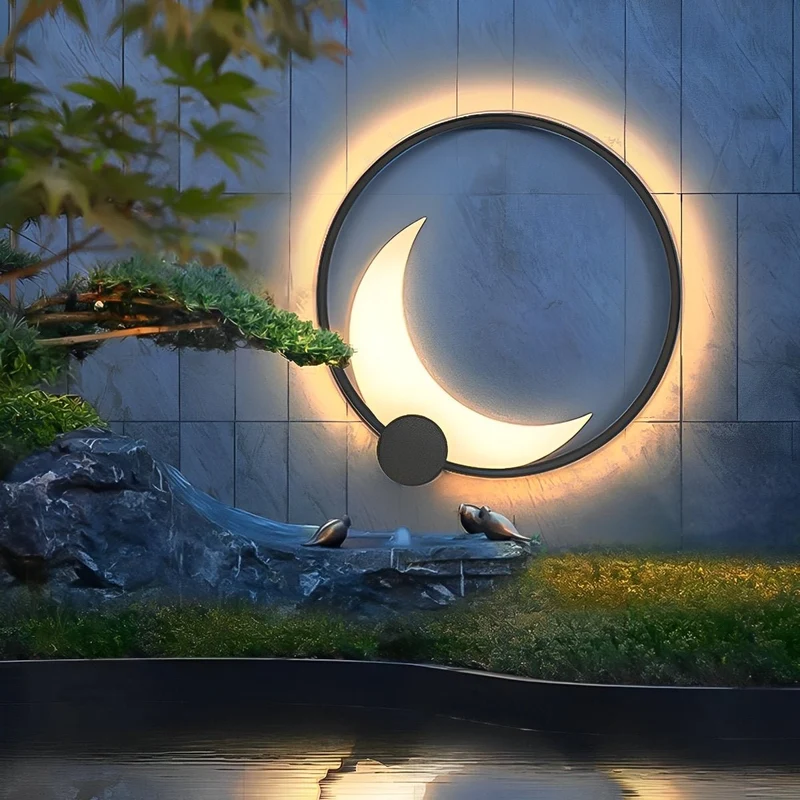 Wandlamp Maanvorm LED Buiten Zwart RVS IP65 Tuin Veranda Maanlamp Sfeerverlichting Crescent Moon Solar Buitenwandlamp Rond Decoratief | Sansoti