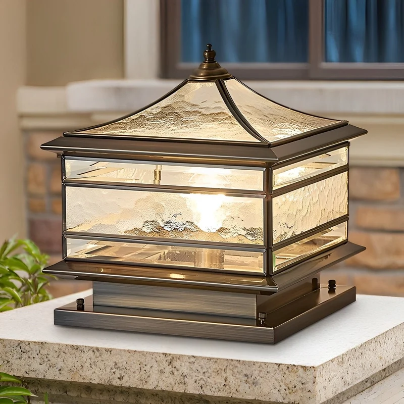 Paallamp Koper Glas IP65 Zonne-energie Bedraad Tuin Hek Poort Villa Buitenlamp Sokkel Kolom Klassiek Sfeerverlichting | Sansoti