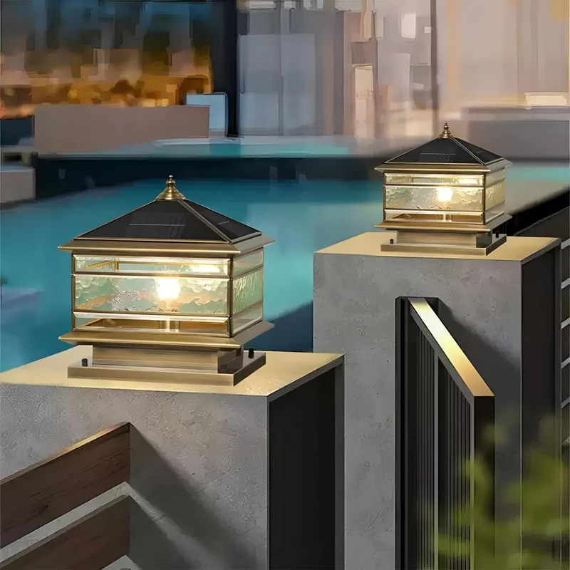 Paallamp Koper Glas IP65 Zonne-energie Bedraad Tuin Hek Poort Villa Buitenlamp Sokkel Kolom Klassiek Sfeerverlichting | Sansoti