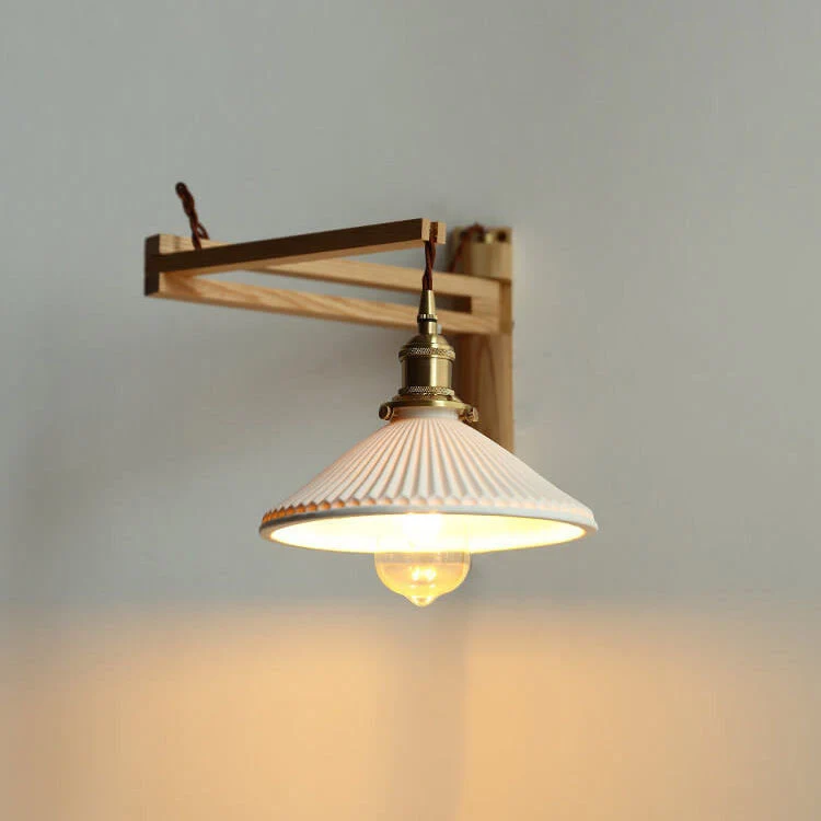 Wandlamp Hout Glas Geplooide Kap E26 Hal Woonkamer Slaapkamer Uitstelbaar Zwenkarm Messing Retro Japandi Sfeerlamp | Sansoti