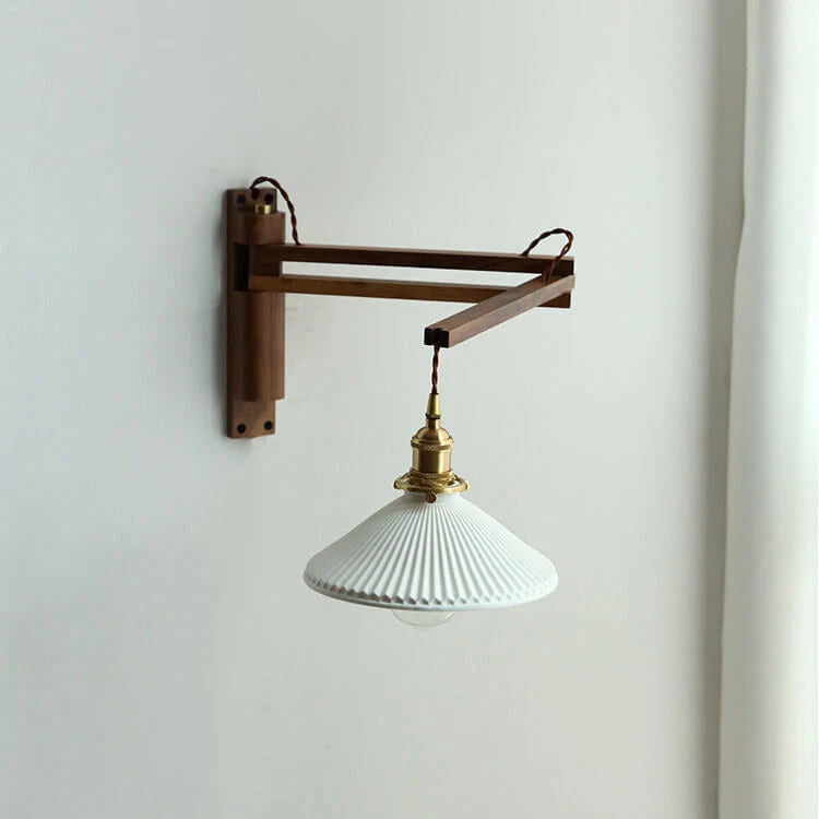 Wandlamp Hout Glas Geplooide Kap E26 Hal Woonkamer Slaapkamer Uitstelbaar Zwenkarm Messing Retro Japandi Sfeerlamp | Sansoti