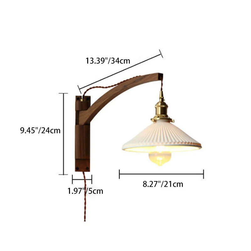 Wandlamp Hout Glas Geplooide Kap E26 Hal Woonkamer Slaapkamer Uitstelbaar Zwenkarm Messing Retro Japandi Sfeerlamp | Sansoti