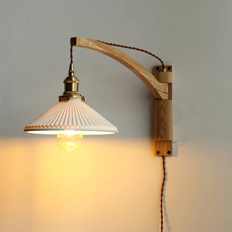 Wandlamp Hout Glas Geplooide Kap E26 Hal Woonkamer Slaapkamer Uitstelbaar Zwenkarm Messing Retro Japandi Sfeerlamp | Sansoti