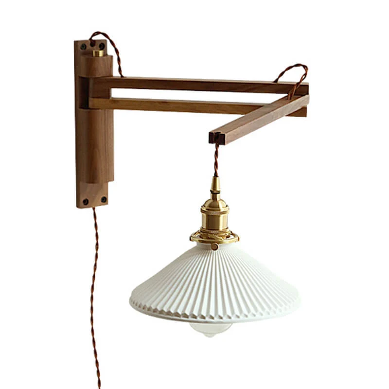 Wandlamp Hout Glas Geplooide Kap E26 Hal Woonkamer Slaapkamer Uitstelbaar Zwenkarm Messing Retro Japandi Sfeerlamp | Sansoti