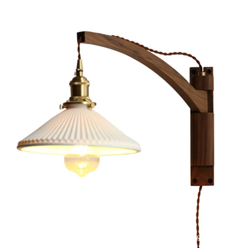 Wandlamp Hout Glas Geplooide Kap E26 Hal Woonkamer Slaapkamer Uitstelbaar Zwenkarm Messing Retro Japandi Sfeerlamp | Sansoti