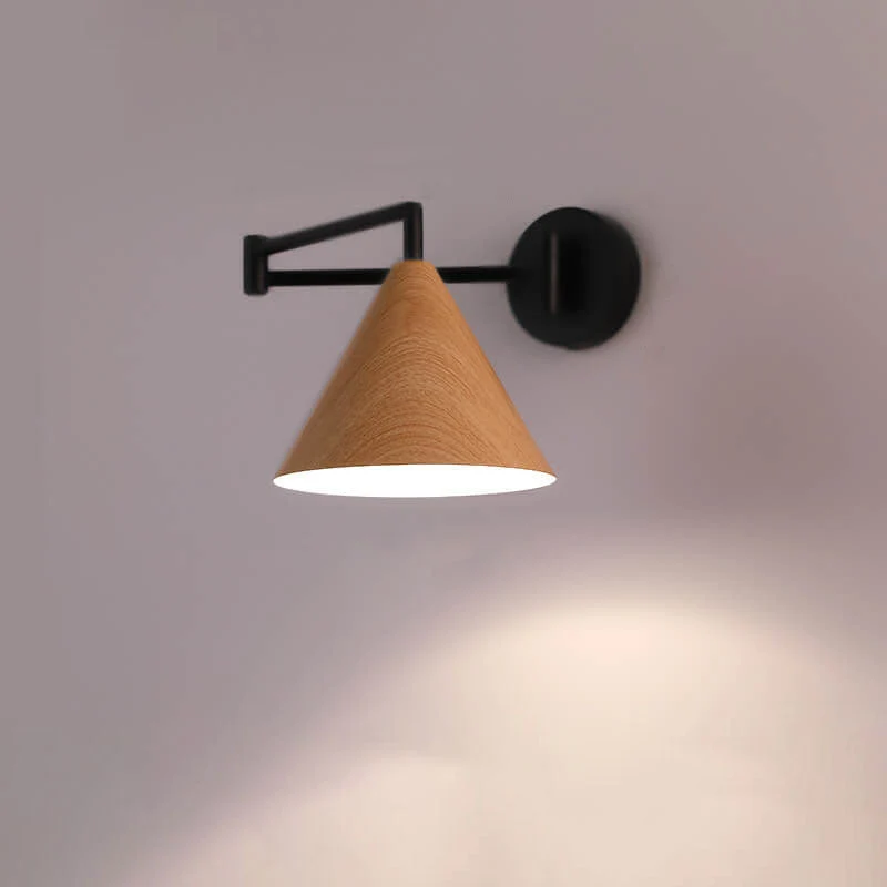 Wandlamp Zwenkarm IJzer Conische Kap Walnoot Houtkleur E26 18x14cm Slaapkamer Leeslamp | Sansoti