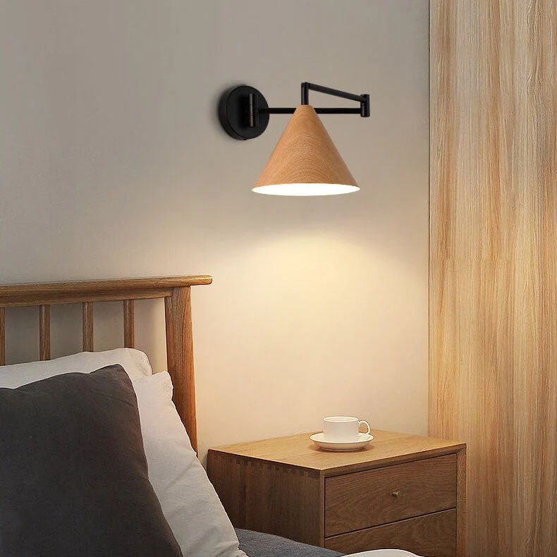 Wandlamp Zwenkarm IJzer Conische Kap Walnoot Houtkleur E26 18x14cm Slaapkamer Leeslamp | Sansoti