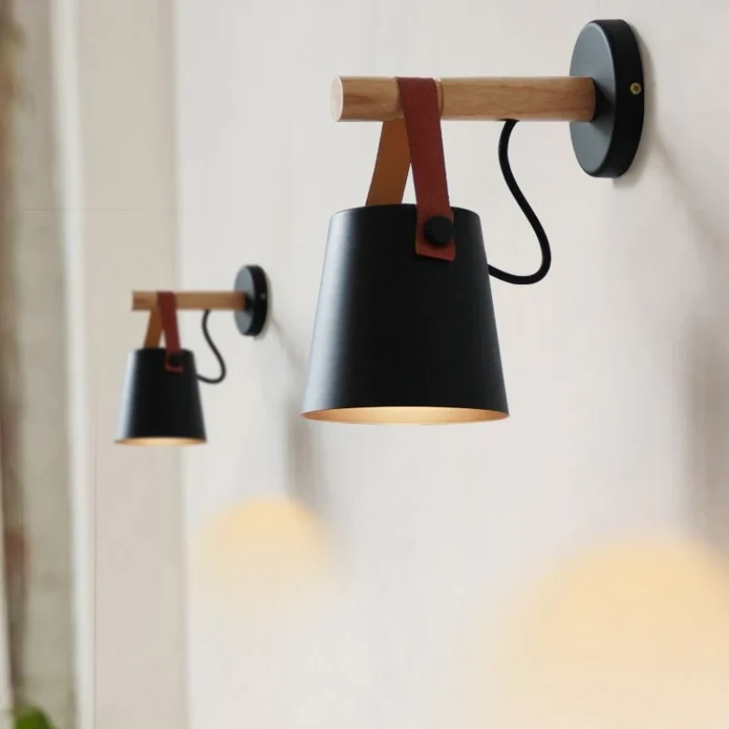 Wandlamp Kegel Hout IJzer Leren Band E27 Industrieel Zwart Wit Woonkamer | Sansoti