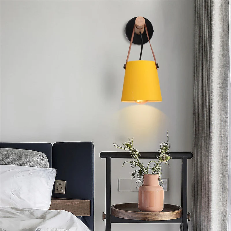 Wandlamp Kegel Hout IJzer Leren Band E27 Industrieel Zwart Wit Woonkamer | Sansoti