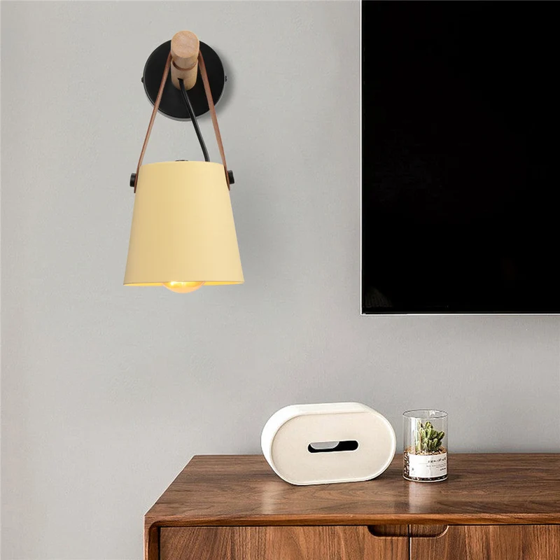 Wandlamp Kegel Hout IJzer Leren Band E27 Industrieel Zwart Wit Woonkamer | Sansoti
