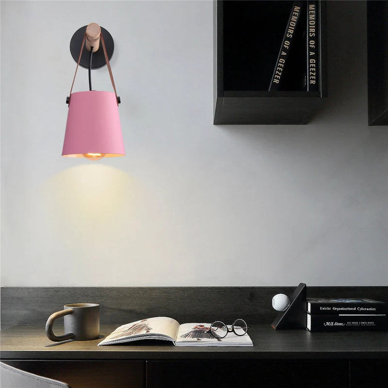 Wandlamp Kegel Hout IJzer Leren Band E27 Industrieel Zwart Wit Woonkamer | Sansoti