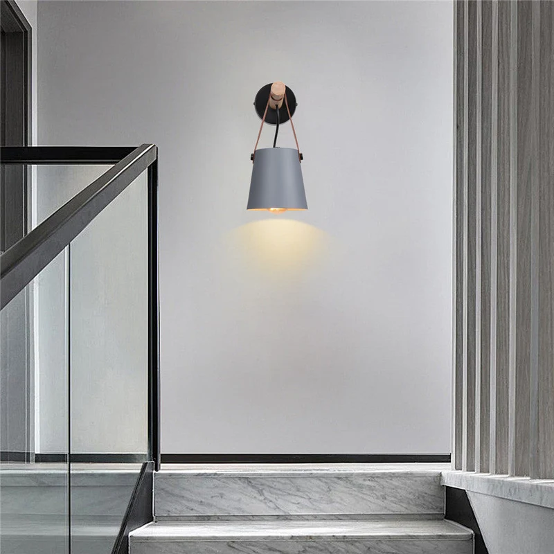Wandlamp Kegel Hout IJzer Leren Band E27 Industrieel Zwart Wit Woonkamer | Sansoti
