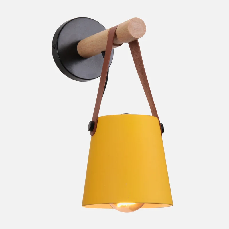 Wandlamp Kegel Hout IJzer Leren Band E27 Industrieel Zwart Wit Woonkamer | Sansoti