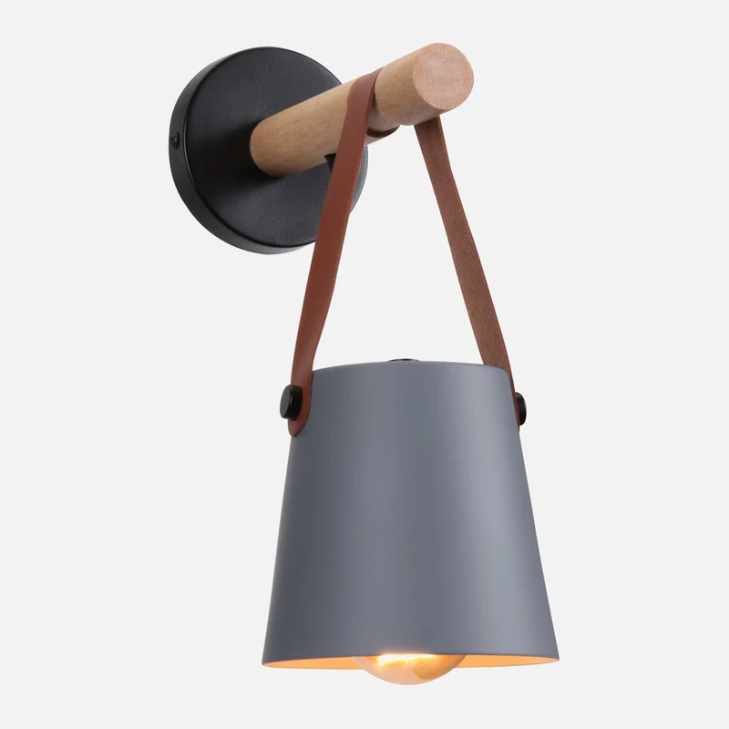 Wandlamp Kegel Hout IJzer Leren Band E27 Industrieel Zwart Wit Woonkamer | Sansoti