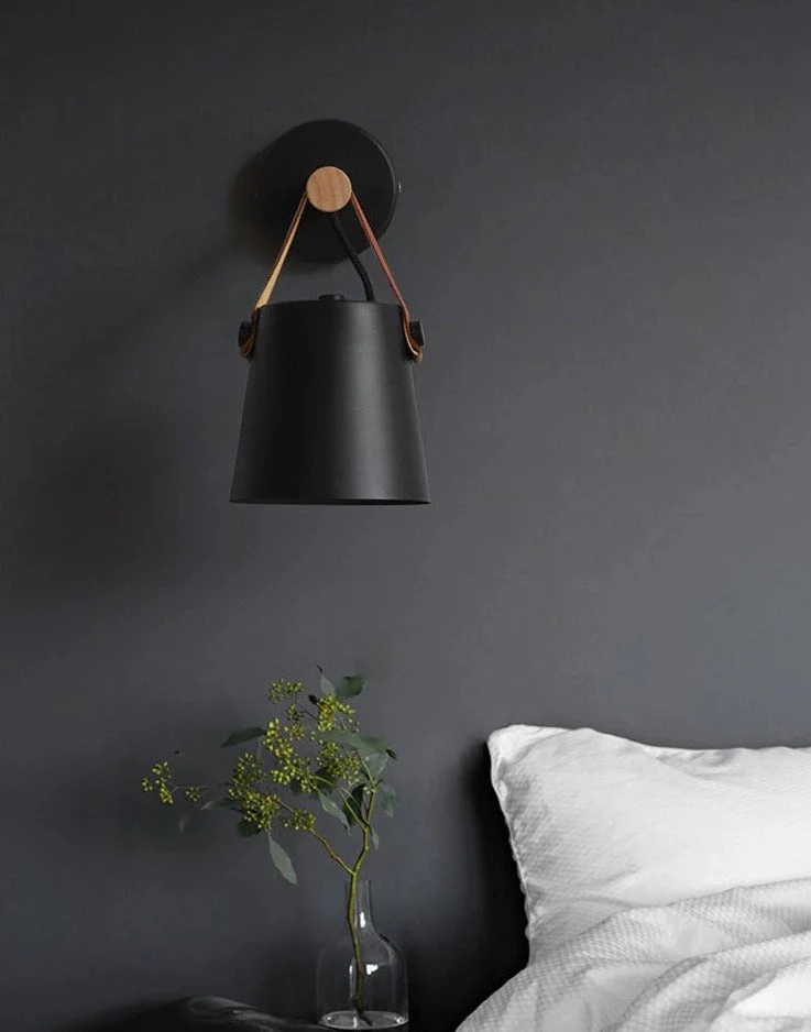 Wandlamp Kegel Hout IJzer Leren Band E27 Industrieel Zwart Wit Woonkamer | Sansoti