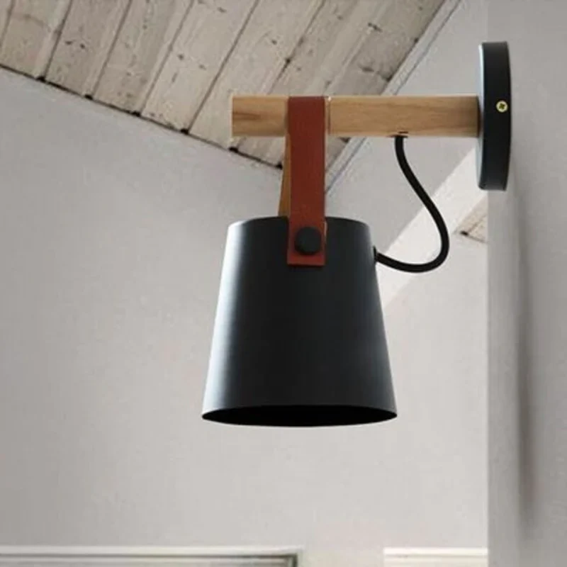 Wandlamp Kegel Hout IJzer Leren Band E27 Industrieel Zwart Wit Woonkamer | Sansoti