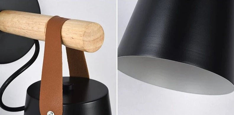 Wandlamp Kegel Hout IJzer Leren Band E27 Industrieel Zwart Wit Woonkamer | Sansoti