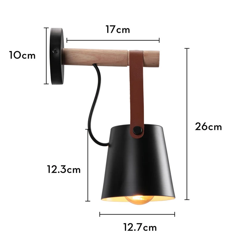 Wandlamp Kegel Hout IJzer Leren Band E27 Industrieel Zwart Wit Woonkamer | Sansoti