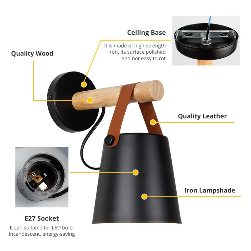 Wandlamp Kegel Hout IJzer Leren Band E27 Industrieel Zwart Wit Woonkamer | Sansoti