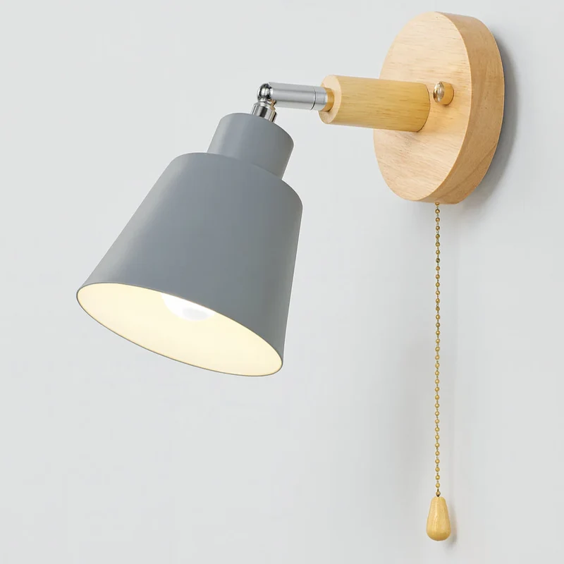 Wandlamp Metaal Hout Trekschakelaar 180° Draaibaar E27 Leeslamp Slaapkamer | Sansoti