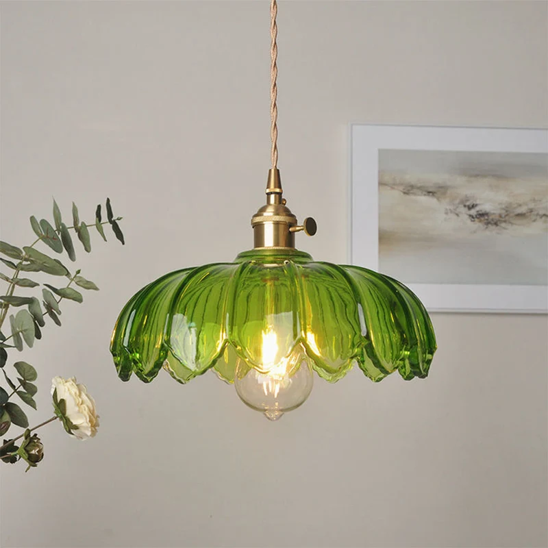 Hanglamp Glas Vintage Bloem Groen Koper 25cm Pendellamp Retro Woonkamer Eetkamer Romantisch | Sansoti