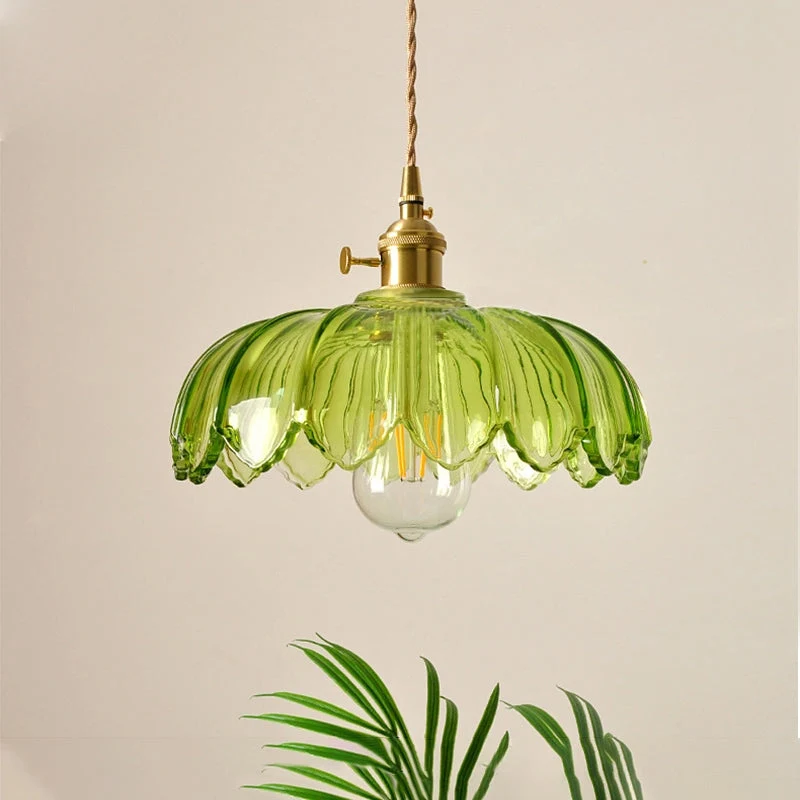 Hanglamp Glas Vintage Bloem Groen Koper 25cm Pendellamp Retro Woonkamer Eetkamer Romantisch | Sansoti