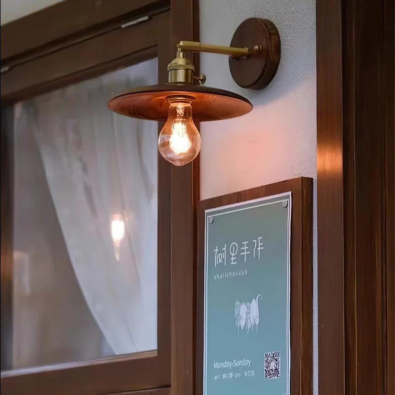 Wandlamp Walnotenhout Messing E27 20cm Rond Woonkamer Slaapkamer Gang Japandi