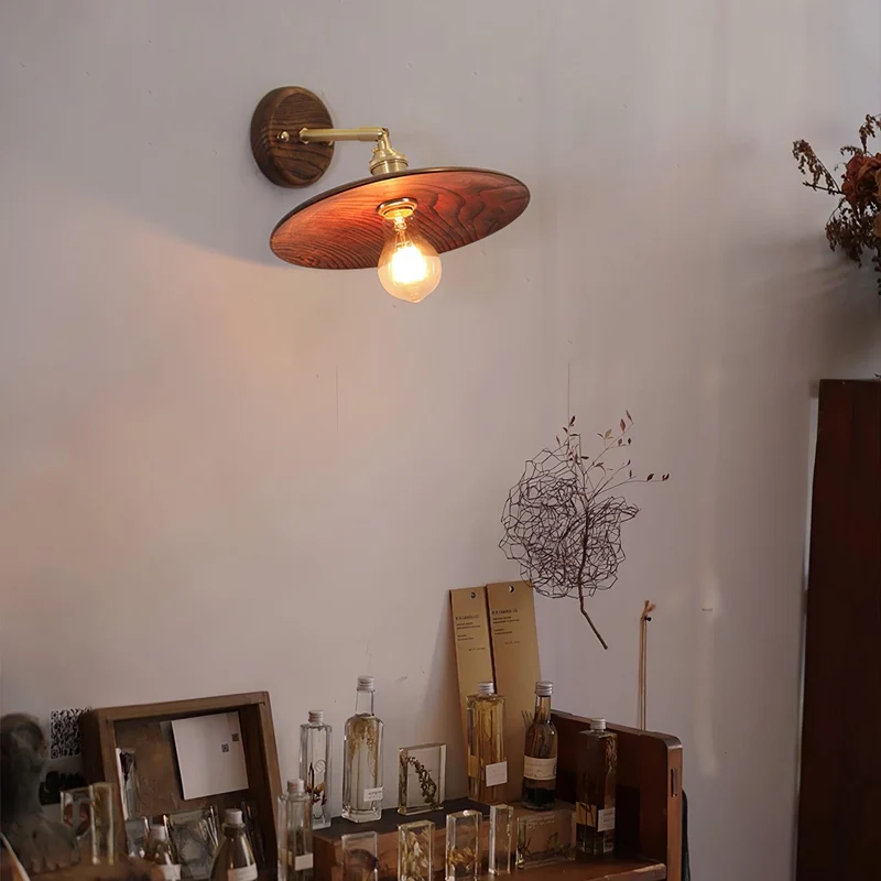 Wandlamp Walnotenhout Messing E27 20cm Rond Woonkamer Slaapkamer Gang Japandi