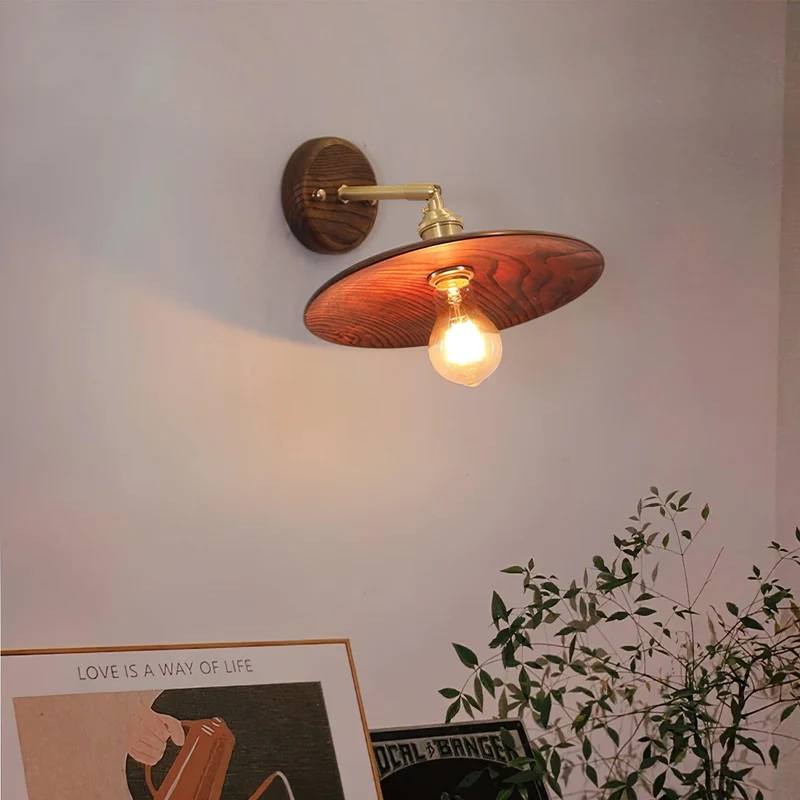 Wandlamp Walnotenhout Messing E27 20cm Rond Woonkamer Slaapkamer Gang Japandi